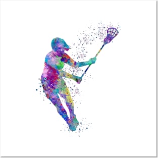 Graceful Girl Lacrosse Player Watercolor Silhouette Posters and Art